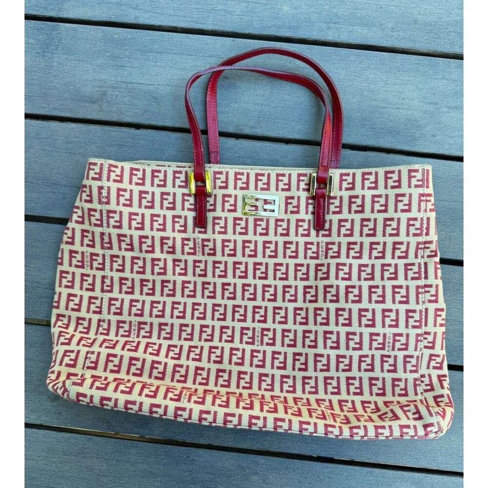 Fendi Zucca FF Monogram Canvas Tote Bag Beige/Red Leather Zip Top Gold HW